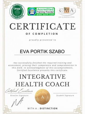 Certificate of completion for Eva Portik Szabo as Integrative Health Coach.