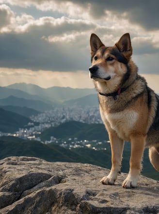 A dog stands on a rocky outcrop, overlooking a scenic mountain landscape