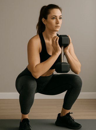 a woman in a black top and leggings, holding a dumbble