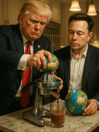 Illustration IA - Journée mondiale de la terre : Trump et Musk pressent la terre comme un citron