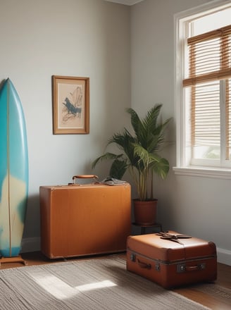 A person with a wetsuit tied around their waist stands on a sandy beach, looking towards the ocean. A surfboard is placed on a wooden bench next to them. The sky is clear and blue, creating a peaceful coastal scene.