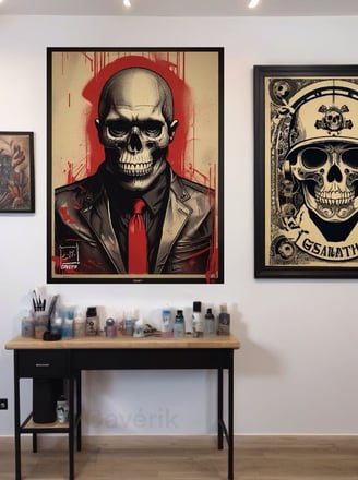 Ambiente artístico: quadros Cavérik que transformam um estúdio de tatuagem em uma galeria.