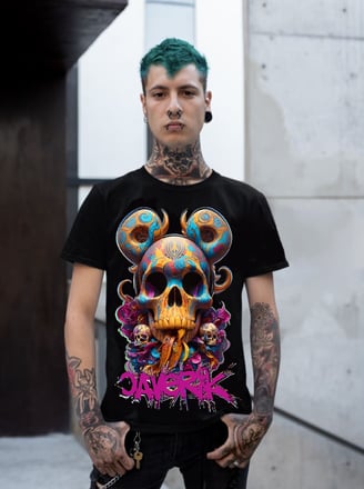 Modelo masculino com uma camiseta de caveira adornada com detalhes em relevo e tinta metálica.