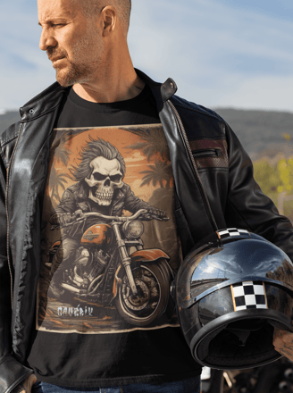 Camiseta Cavérik Streetwear com estampa de caveira motociclista Harley Davidson.