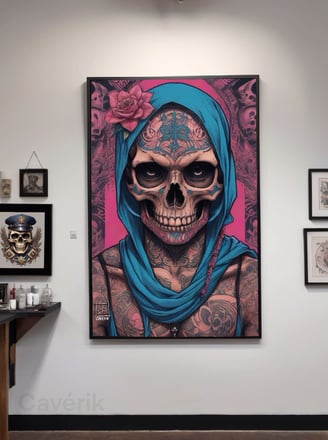 Detalhe da decoração: quadros que capturam a essência da cultura tatuadora na parede.