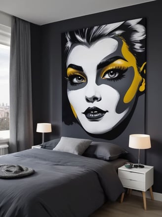 Decoração moderna: quarto de casal com destaque para um quadro pop-art elegante.