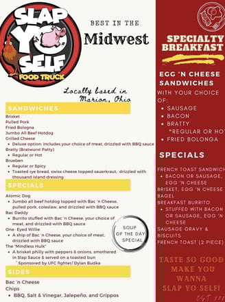 Slap Yo Self Food Truck menu featuring smoked brisket, pulled pork, fried bologna, bratty patties, s