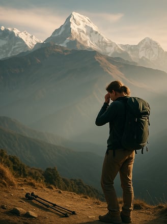 A trekker stands in emotional silence on a high ridge, overwhelmed by the beauty of the Himalayas.