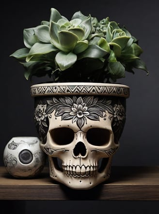 Vaso de flores com design de caveira em uma prateleira de plantas