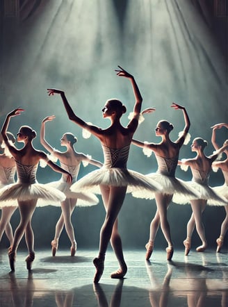 Bailarinos em trajes de balé, realizando uma coreografia no palco, simbolizando a expressão corporal