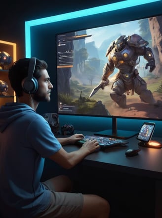Jogador em frente a uma tela interativa com gráficos de um jogo digital, representando a imersão