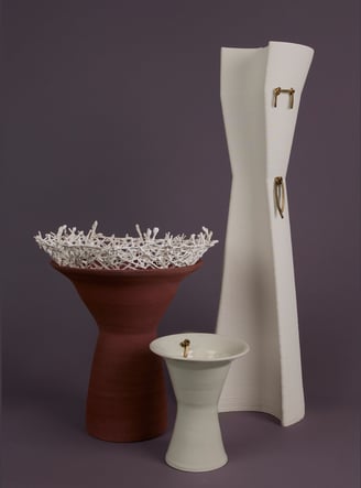 3 ceramic art vessels, in porcelain with bronze details. Wheel-thrown and 3d printed porcelain.