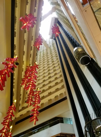 Glass elevators in the Pan Pacific Hotel in Singapore