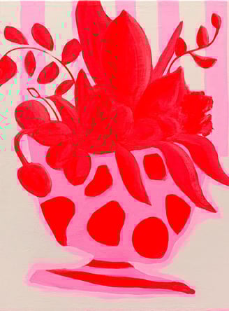 a painting of a vase with pink and red flowers, original still life art by Lena Sin