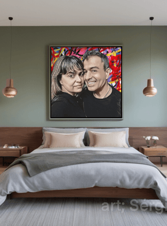 Elegância e modernidade se encontram neste quarto de casal com um quadro pop-art vibrante.