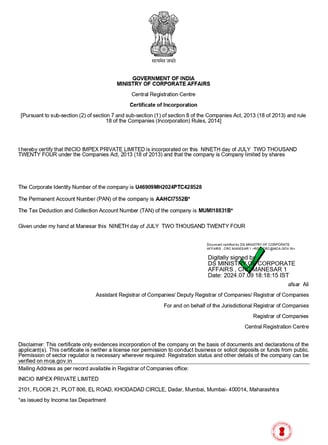 COMPANY INCORPORATION INICIO IMPEX