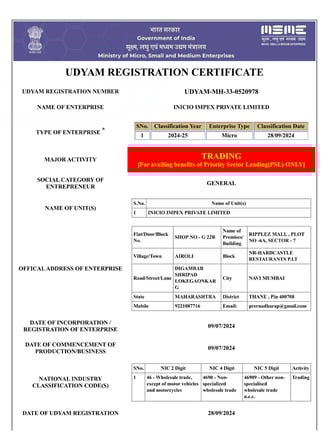 MSME Udhyam Registration Certificate