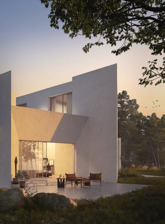 Visualización Arquitectónica Golden Hour, en el medio del campo con mucha vegetación