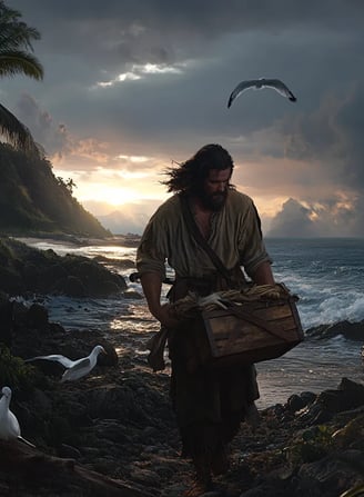 Robinson Crusoe, now alone on the deserted island, scavenging the wreckage for tools and supplies
