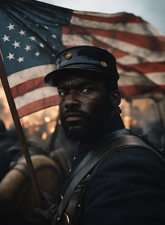 Black soldier holding the American flag aloft, even as his fellow troops fall around him