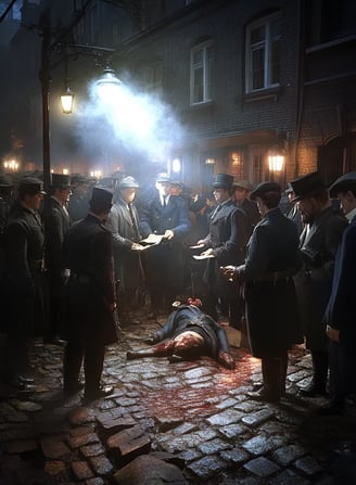 haotic scene as police officers and horrified bystanders gather around the body of Catherine Eddowes
