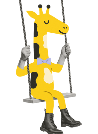 a giraffe sitting on a swing set with anamorphic hands wearing boots.