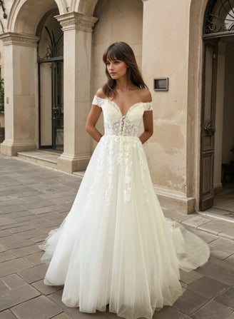 robe de mariée col bateau epaules dénudées 