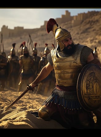 Pompey the Great, dressed in his battle-worn Roman armor, is ambushed and fatally stabbed by Ptolemy