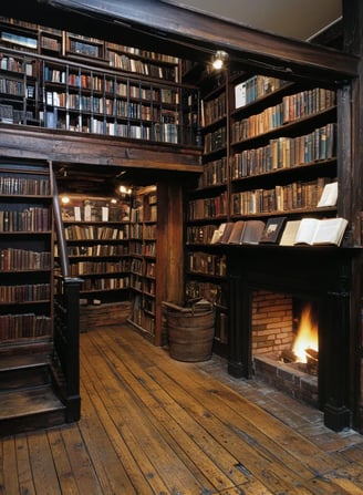 1851 Boston bookshop lined with mahogany shelves, stack of freshly printed "Moby-Dick