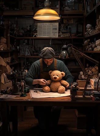 1902 Brooklyn toy store workshop, Morris Michtom carefully sewing the first teddy bear