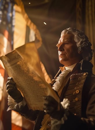 President Washington holding the proclamation, with intricate details of the parchment and his forma