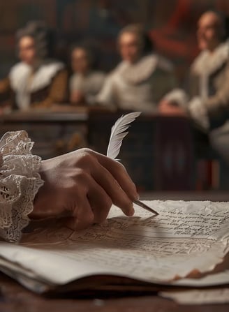 A close-up of the signing of the Bill of Rights. President Washington’s hand holds a quill