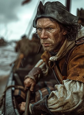 Dutch rebel aboard a small boat, steering through the flooded plains with a determined expression