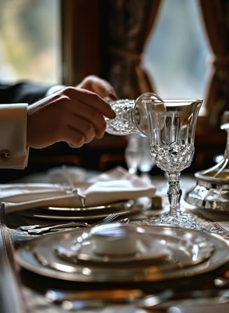 finely set table in the train's dining car. Crystal glasses, silver cutlery, and fine china