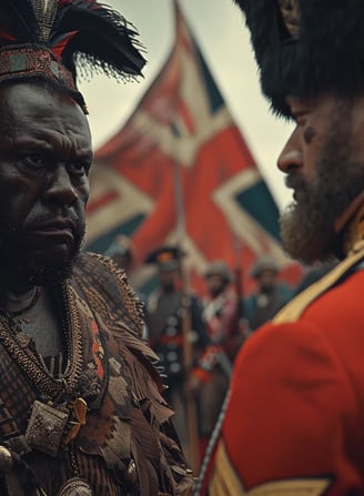 Ashanti chief in elaborate traditional attire negotiating surrender with a British officer
