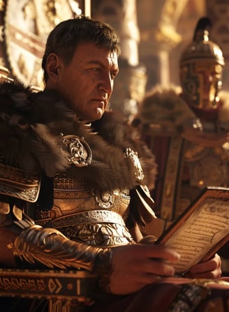Emperor Theodosius I seated on an ornate Roman chair, holding a scroll symbolizing the treaty