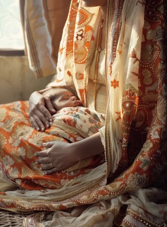 Gandhi as an infant, swaddled in traditional fabric and cradled by his mother