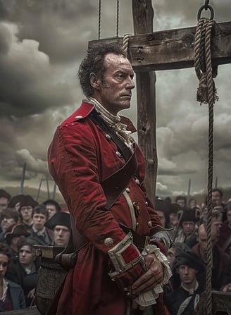 A close-up of John André moments before his execution, dressed in a red British officer’s coat