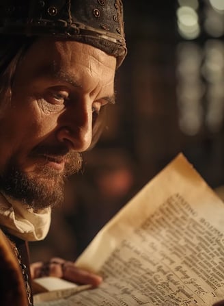 Myles Coverdale reviewing a freshly printed page of the Bible