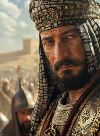 A close-up of Sultan Saladin during the Siege of Jerusalem, wearing ornate 12th-century armor
