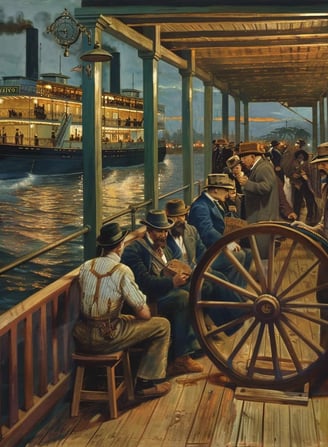 main deck of the "Washington" steamboat, with passengers seated on wooden benches