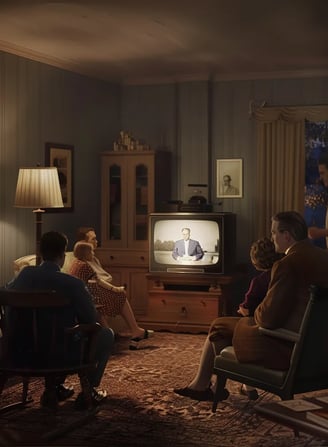 American family in the 1940s sitting in their living room, watching Truman’s address