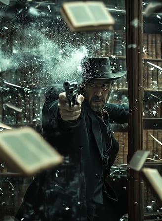 anarchist gunman raising pistol behind Canalejas near a display of leather-bound volumes