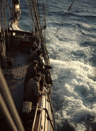 silhouettes of sailors in tricorn hats stand at the rail tossing bound figures into the churning sea