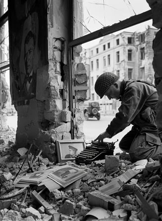 soldire kneeling, broken typewriter and scattered paper debris litter the floor