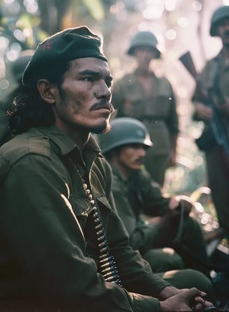 Che Guevara sitting handcuffed, his face weathered and defiant