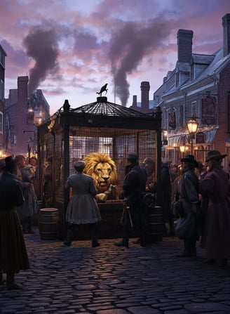 rowd presses around a sturdy timber cage with iron straps holding a golden-maned lion