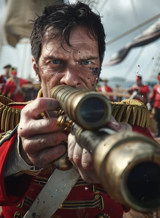  British naval officer gripping a brass telescope, observing the battle