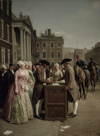 women in pastel brocade dresses, lace aprons, and silk‐tied bonnets, alongside free Black men in tai