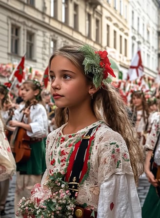 bustling square in Pest decorated with red and white banners, brass musicians playing
